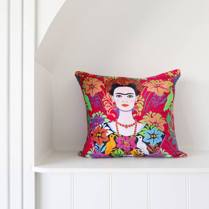 Mexican Painter Decorative Cushion Cover - Red Frida Face for wholesale by Linen Connections