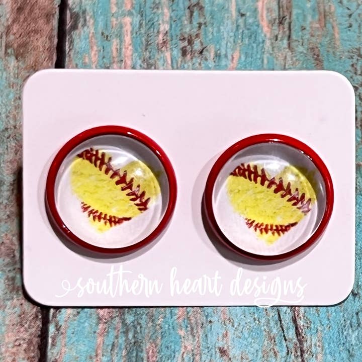 Softball Heart Stud Earrings for wholesale by Southern Heart Designs