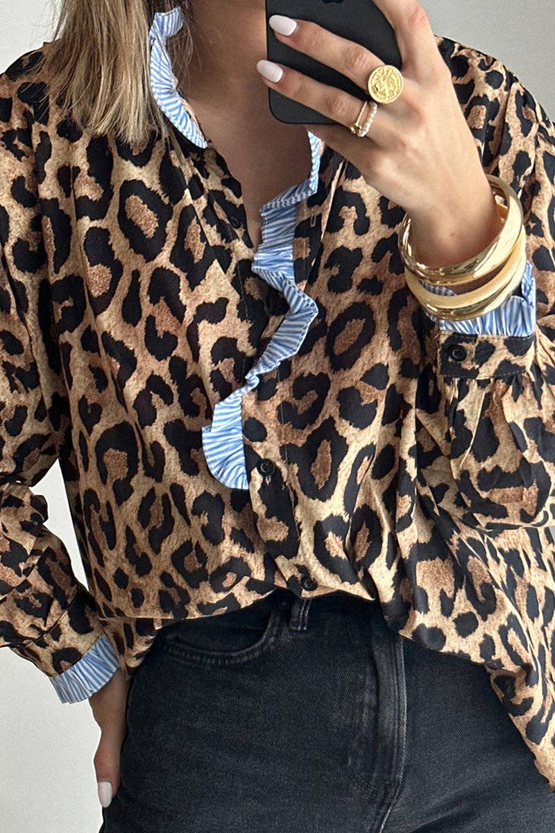 Ruffle-Trim Leopard Print Blouse for wholesale on Faire