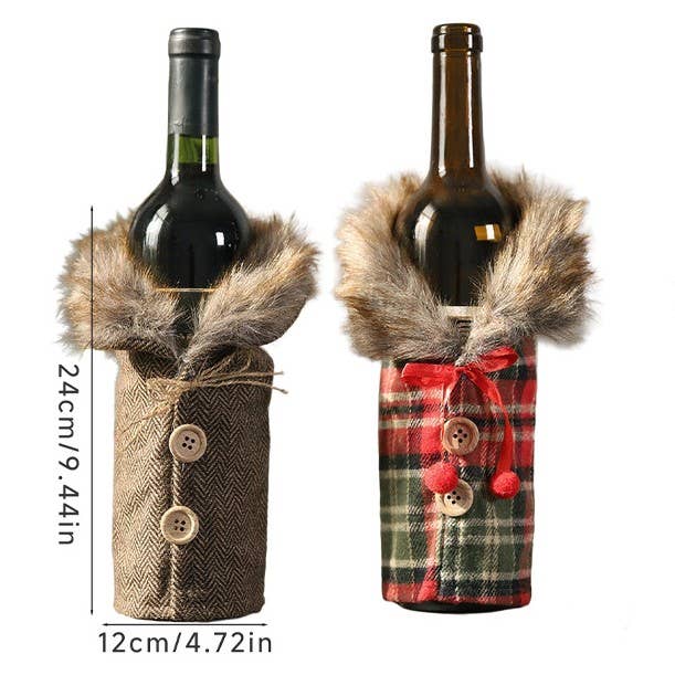 MKS America - Wholesale Christmas Decoration - Christmas Decorative Fur-Collar Plaid Wine Bottle Cover3