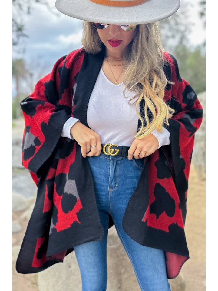 Red Leopard Printed Knitted Cozy Kimono Cardigan for wholesale on Faire