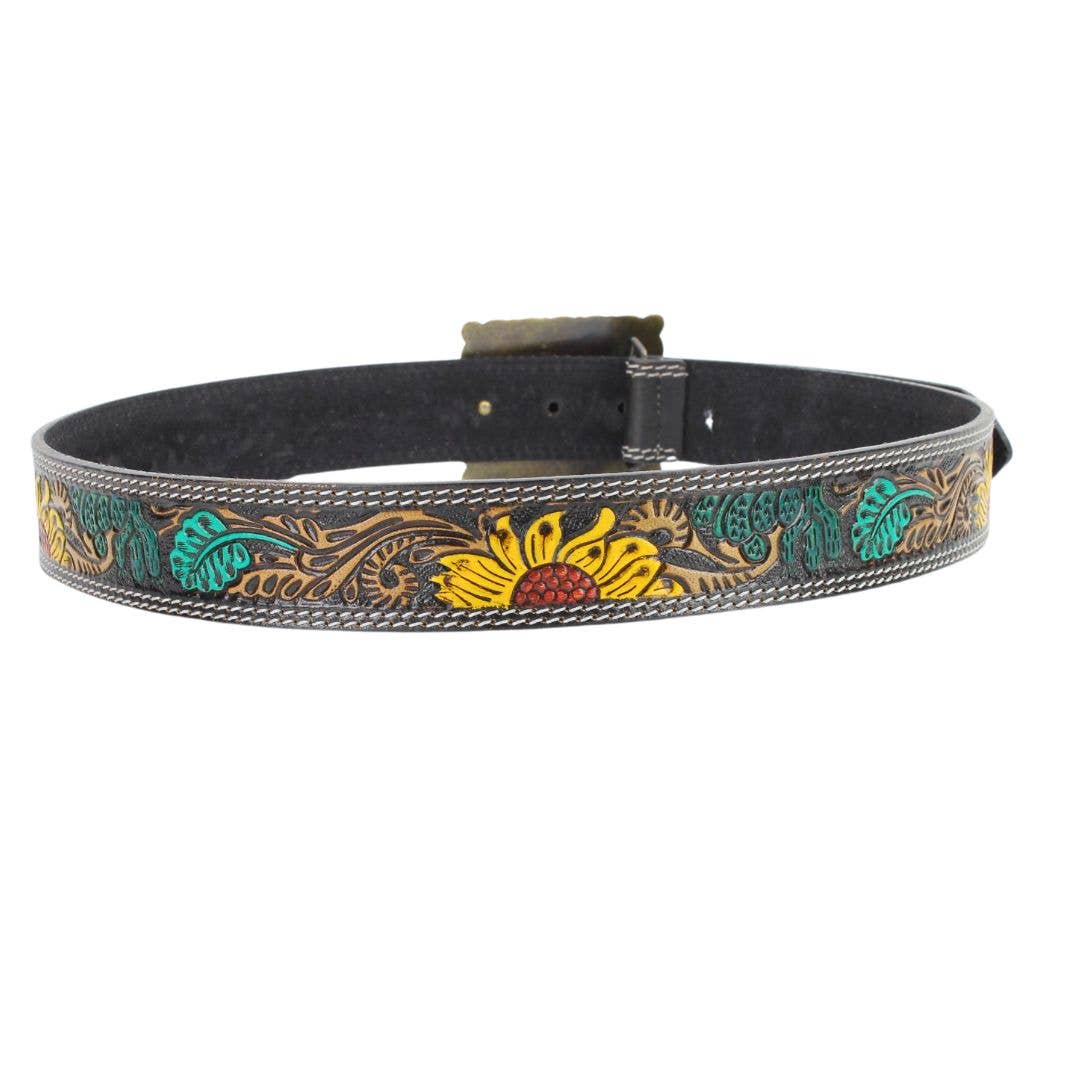 Leather Impressions Inc - Wholesale Belt - Women's - Sunflower Tooled Belt w/ Contrast Stitch ABBWST 382