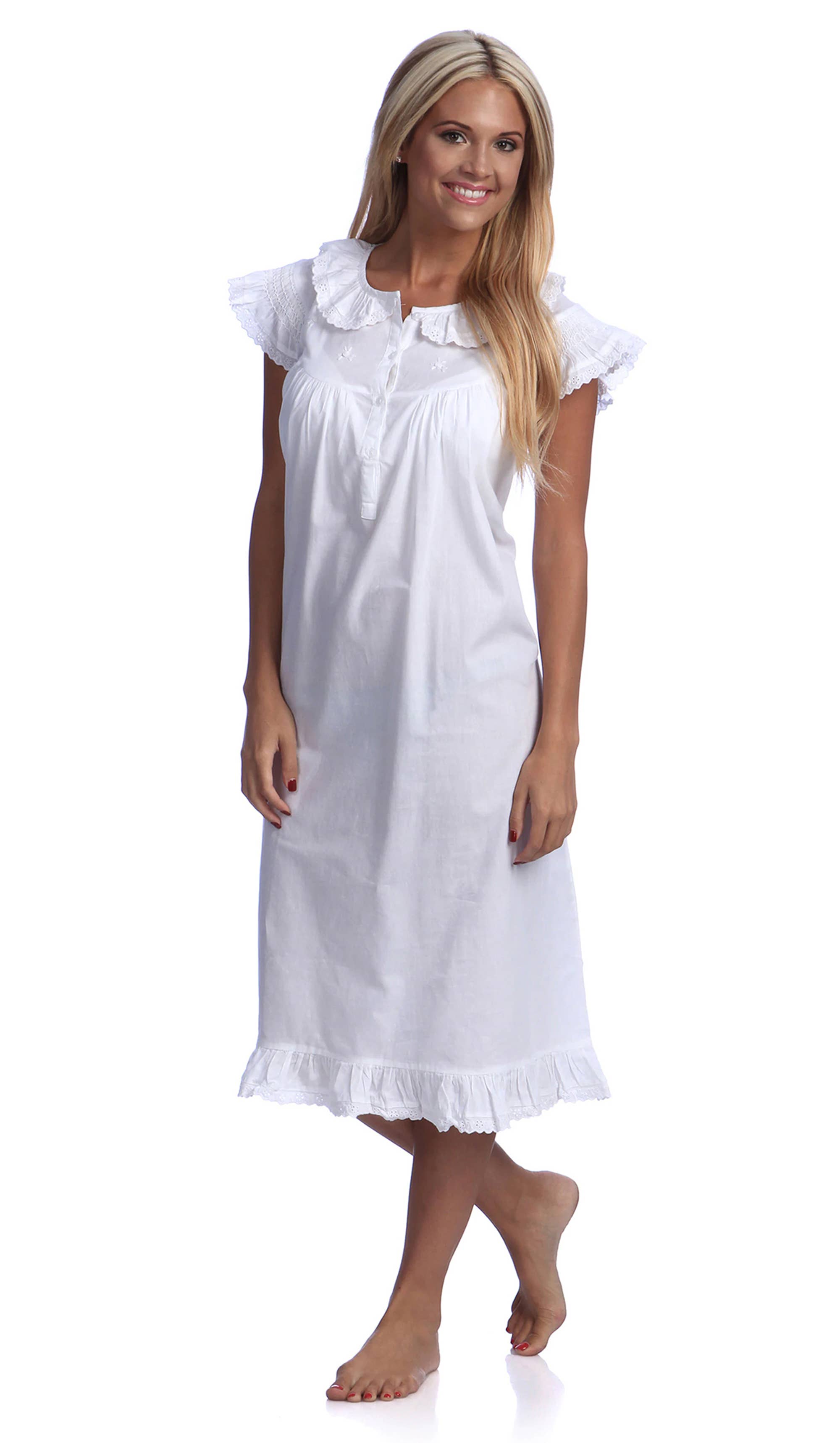 Fennco Styles – Camisa de dormir – Criança por atacado – Vestido nocturno de eyelet accent algodão bordado - Mulher Menina3