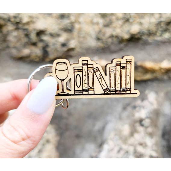 Wine Bookshelf Keychain, Book Lover Keyring, Wine Accessory for wholesale by The Dungeon Rose