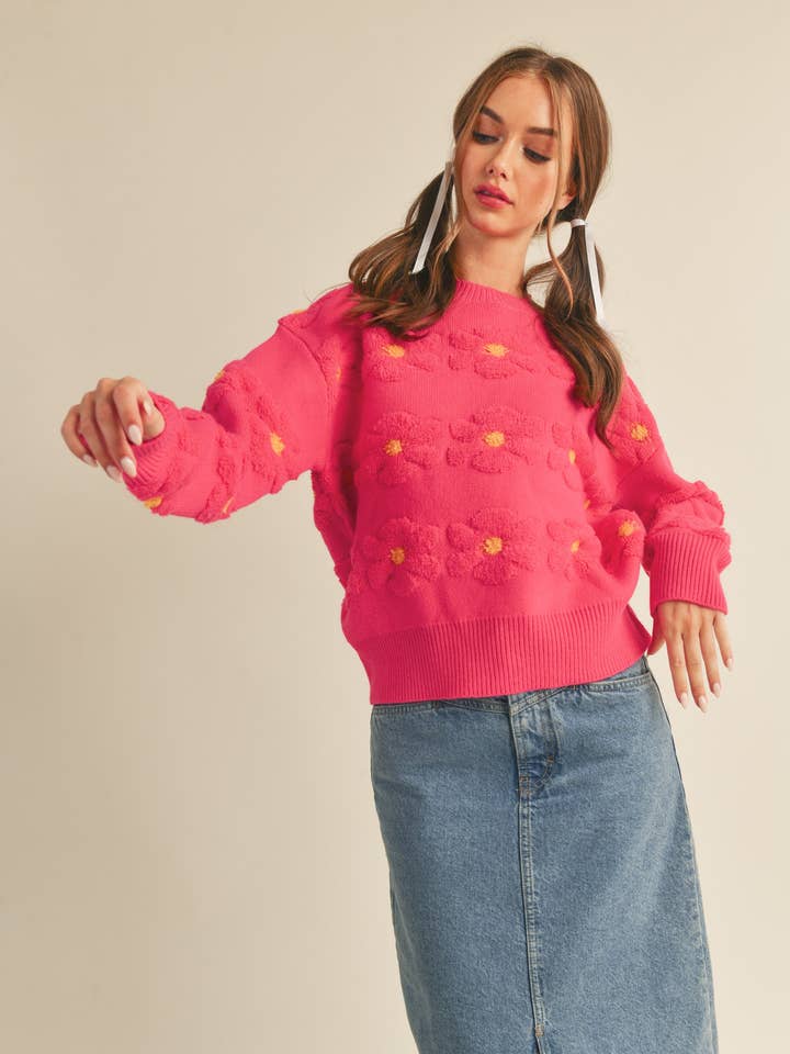 PINK YELLOW SHERPA FLORAL STRIPE SWEATER MSW10279 for wholesale on Faire3