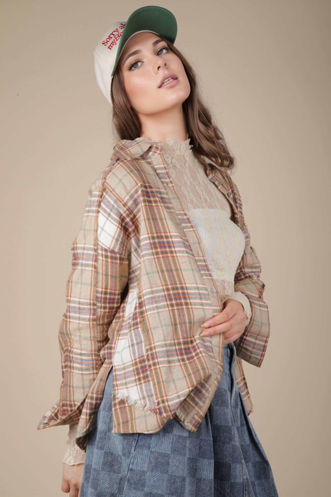 VERY J - Wholesale Button Down Shirt - Women's - NT11681-Contrast Plaid Detail Casual Shirt Top8