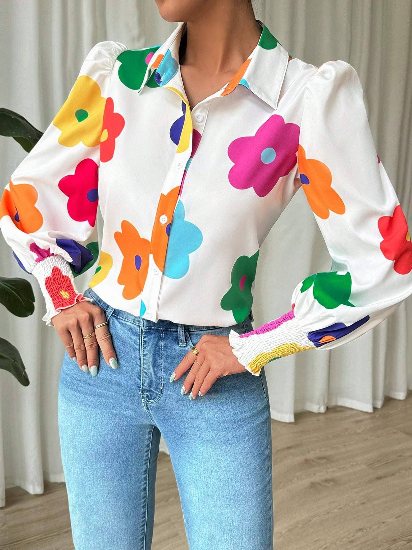 Fashion Combination - Wholesale Button Down Shirt - Women's - priv floral print lantern sleeve shirt3