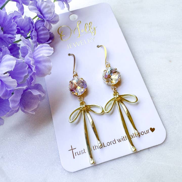O’Lolly Jewelry - Wholesale Dangle Earrings - "Blakely"- Clear 10mm Stone w/Gold Bow Dangle Earrings
