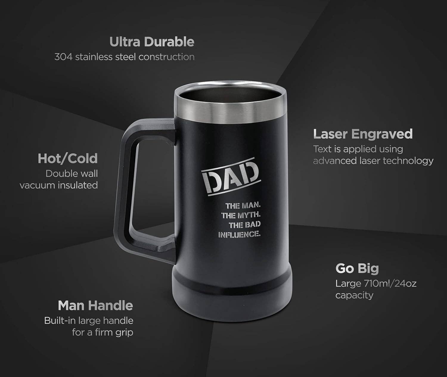 Infinite Basics - Wholesale Coffee Mug - SoHo Funny Beer Mug Gifts for Dad - Stainless Steel Insulated XL 24oz Tumbler Cup with Handle “Dad, Man, Myth, Bad Influence” (Fathers Day/Birthday/Christmas) Gift Boxed2