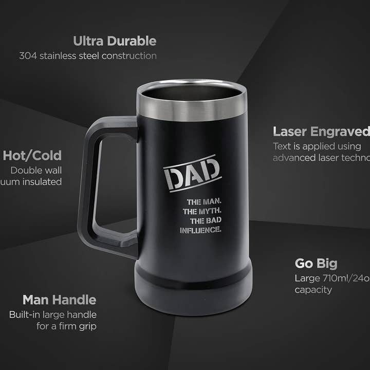 Infinite Basics - Wholesale Coffee Mug - SoHo Funny Beer Mug Gifts for Dad - Stainless Steel Insulated XL 24oz Tumbler Cup with Handle “Dad, Man, Myth, Bad Influence” (Fathers Day/Birthday/Christmas) Gift Boxed2