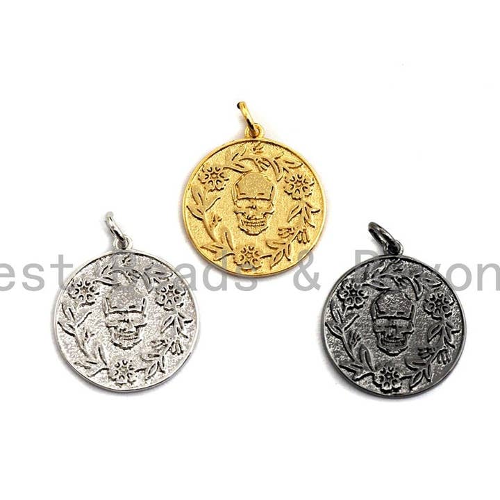 Medallion Skull Olive Branch Coin Pendant/Charm,Skull Cubic Zirconia Pendant, Silver/Gold/Black Tone,18x20mm,Sku#Z434 for wholesale by BestBeads&Beyond