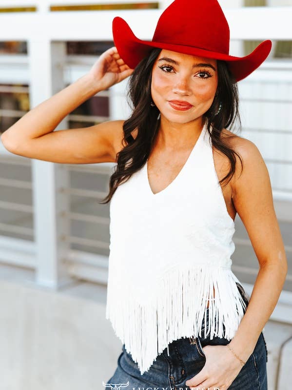 Haut dos nu en dentelle ivoire à franges sur l'ourlet pour la vente par LUCKY & BLESSED