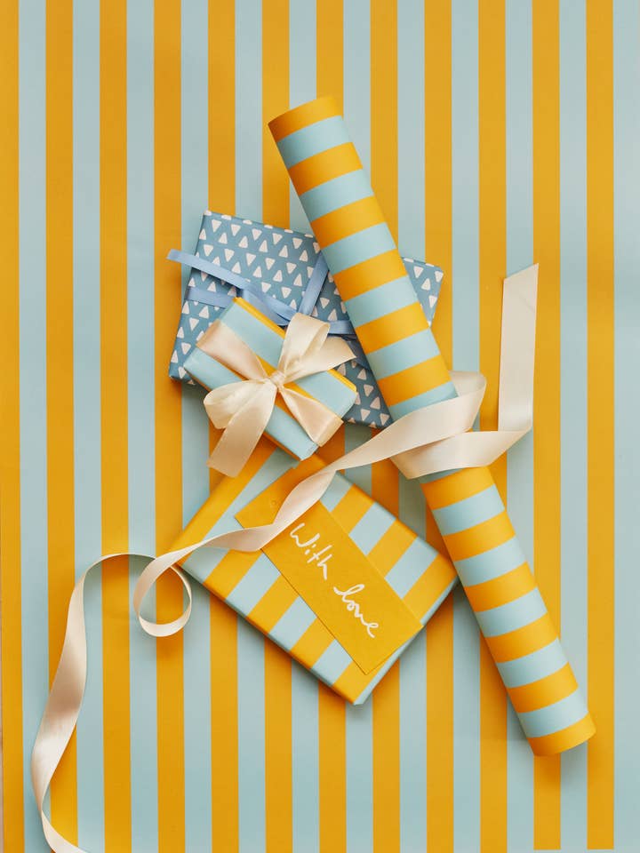 Classic Stripe Gift Wrap Blue & Yellow for wholesale by Heather Evelyn