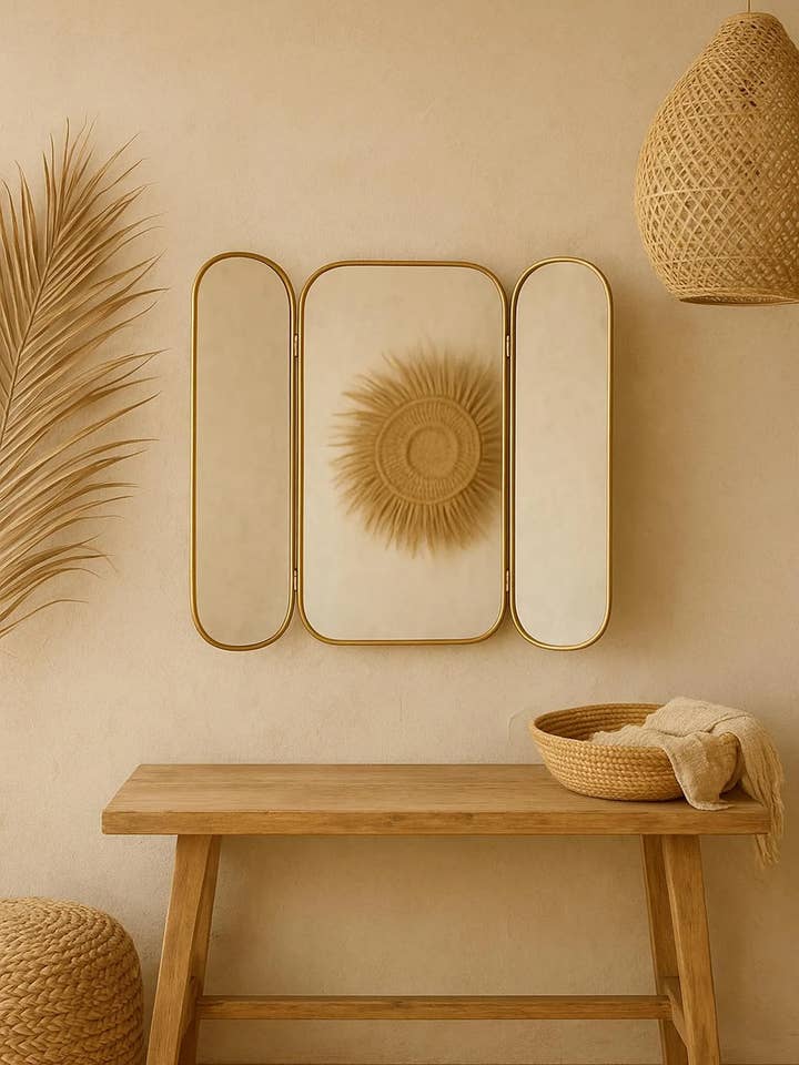 Golden Triptych Mirror, Gold Mirror, Brass Mirror for wholesale by Mikwi
