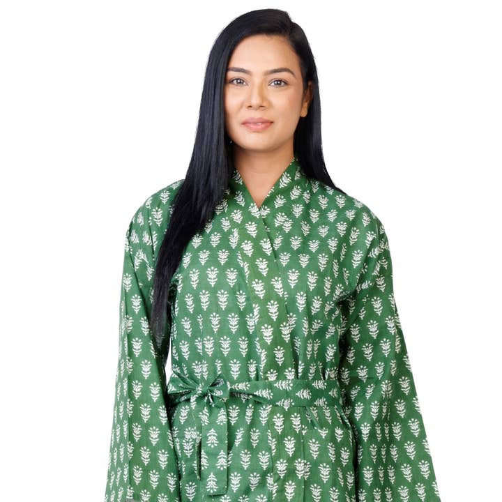 Womens Kimono Robe - Green Peace Block Print Cotton + Bag for wholesale by The Indian Bazaar