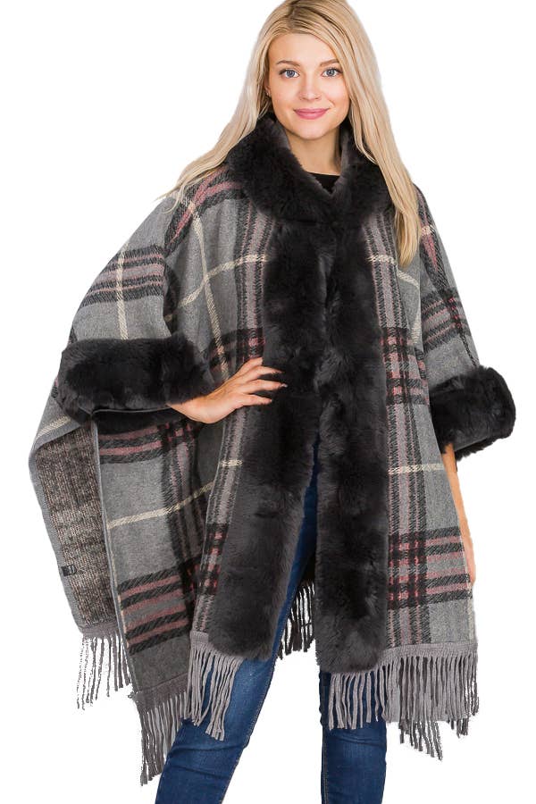 Grigio Poncho con cappuccio Ruana a silhouette aperta in stile eschimese scozzese in vendita all'ingrosso su Faire8