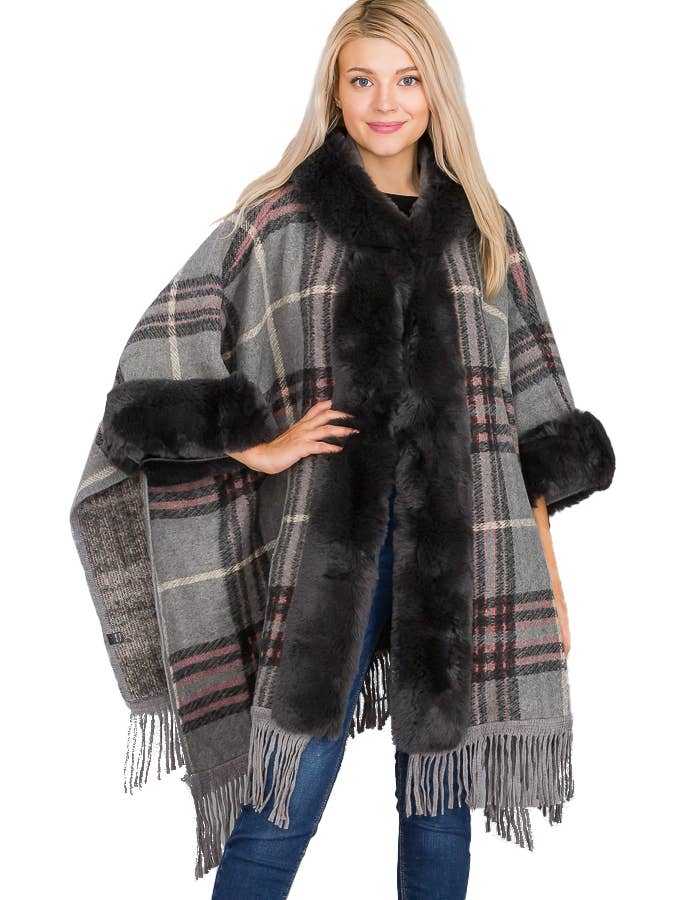 Grigio Poncho con cappuccio Ruana a silhouette aperta in stile eschimese scozzese in vendita all'ingrosso su Faire8