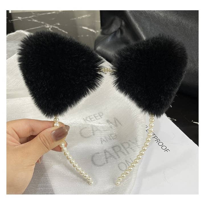 FurDecoration - Wholesale Fashion headband – women's - Rex Rabbit Fur Cat Ears Headband with Pearls