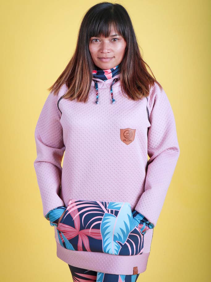 Sweat à capuche long en néoprène « Feuilles de corail » Femme pour la vente par Alon Clothing