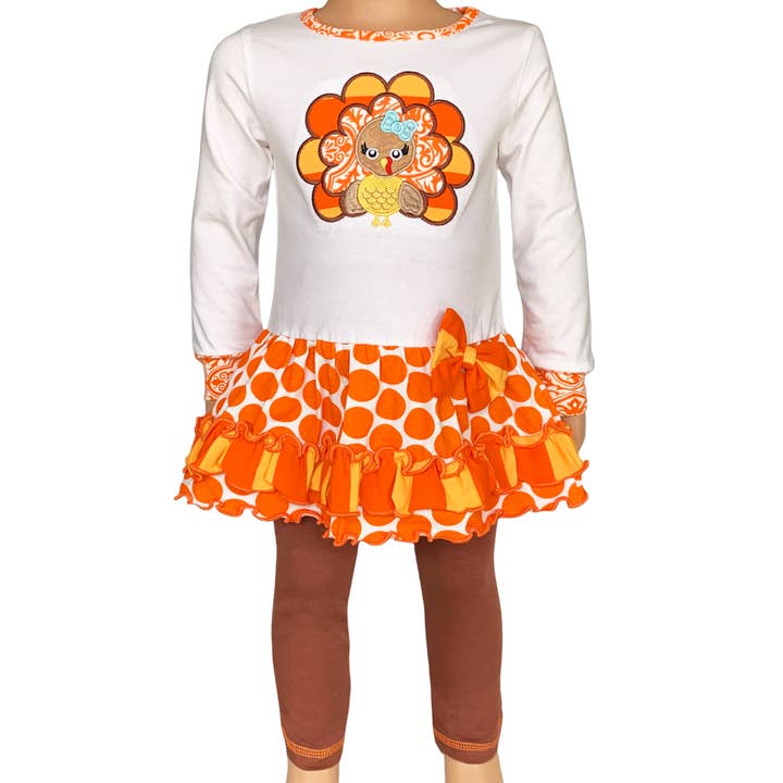AnnLoren - Wholesale Top & Leggings Set - Kids - Girls Orange Thanksgiving Turkey Tunic & Leggings Clothing