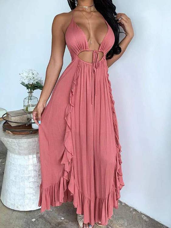 Flarix - Wholesale Dress - Women's - halter tie dye print tied detail cutout maxi dress