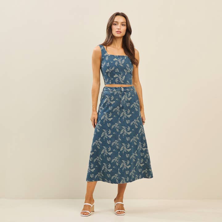 Blomstret denimtop og nederdelsæt for engroshandel hos Able