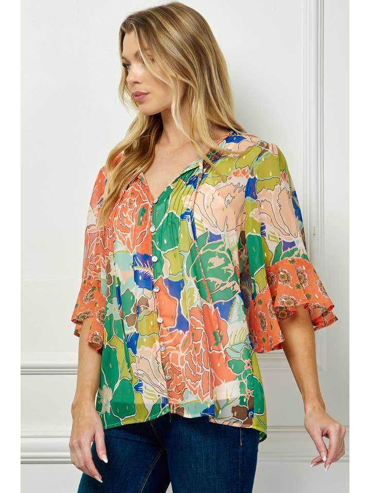 GREEN CORAL MISSY SHEER PRINTED PEASANT BLOUSE COU95L78 for wholesale on Faire1