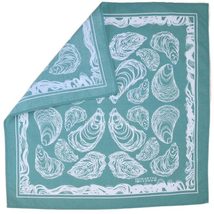 Hearth and Harrow - Wholesale Bandana - Unisex - Oyster Bandana - 100% Cotton - Hand Printed - Green Teal2
