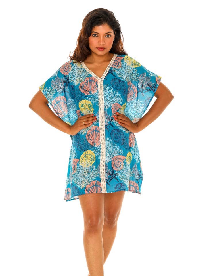 Women's Ocean Print Caftan Swim Cover-Up | Seashell & Coral for wholesale by Shoreline Wear. INC