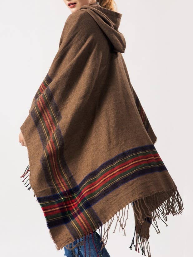 Rosa Clothing - Wholesale Poncho - Women's - Striped Thermal hooded Ruana Shawl with Tassel details4