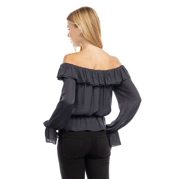 Naked Zebra Rack - Wholesale Blouse - Women's - Off Shoulder Long Sleeve Peplum Blouse3