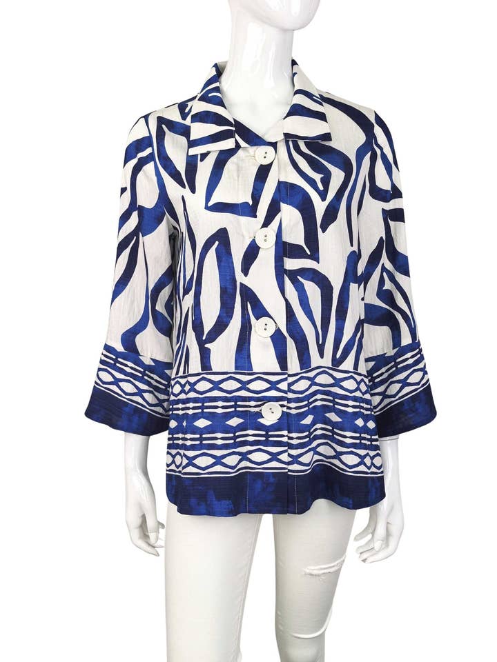 Casaco azul diamante de senhora com botões e mangas 3/4 por atacado de Kamana