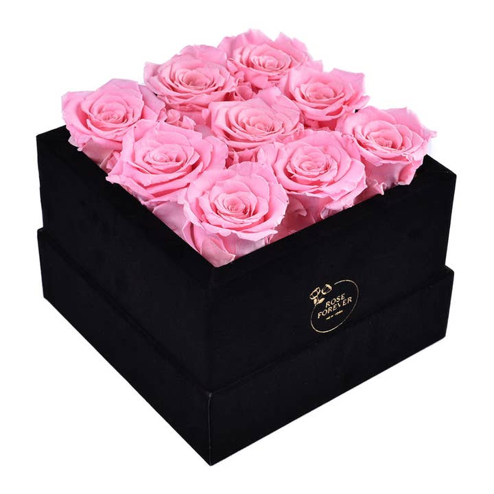 Rose Forever – wholesale Dried/pressed flowers – 9 Pink Roses Velvet Eternity Roses Bouquet Box