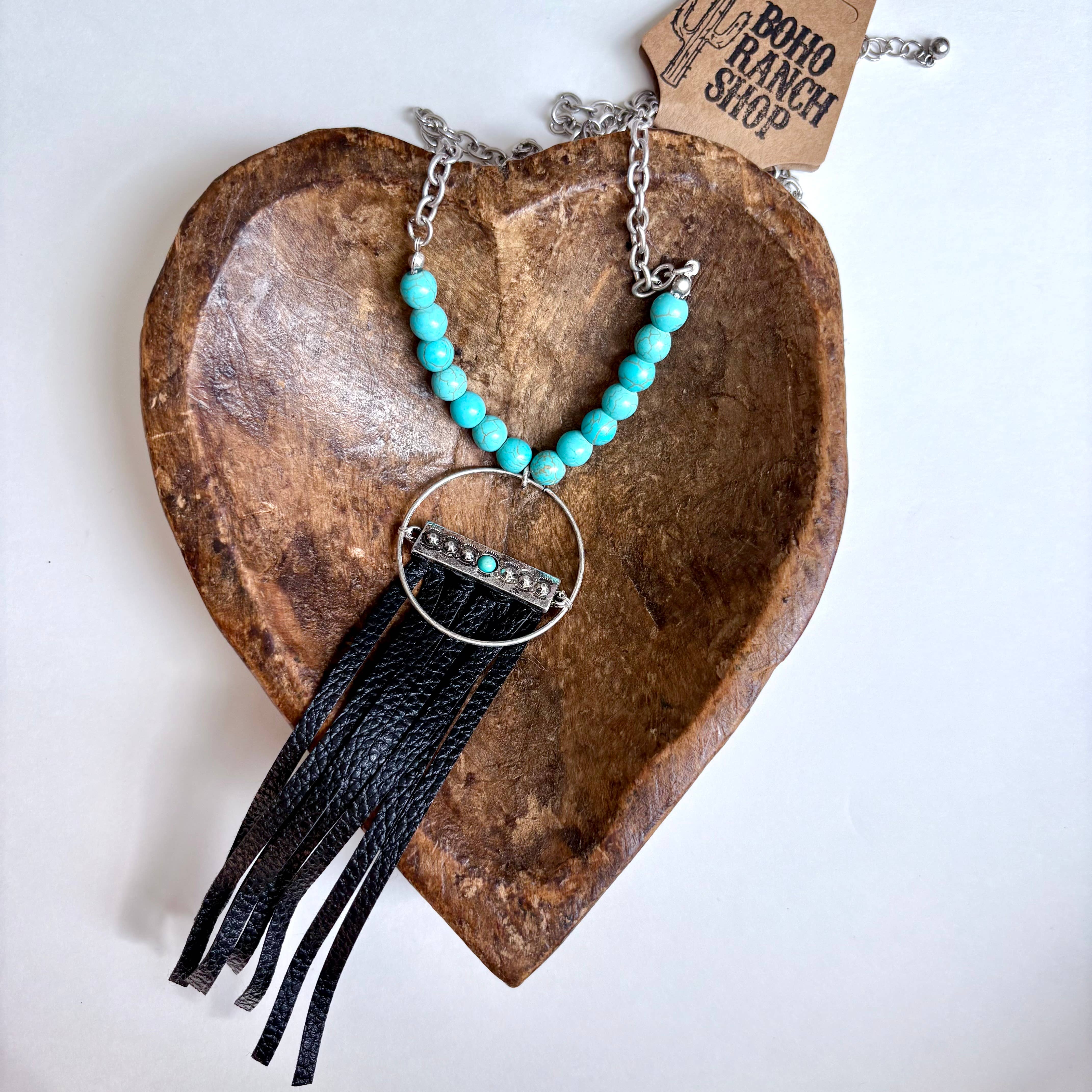 Boho Ranch Shop - Wholesale Pendant/Charm Necklace - Western Boho Leather Tassel Pendant and Stone Long Necklace 0