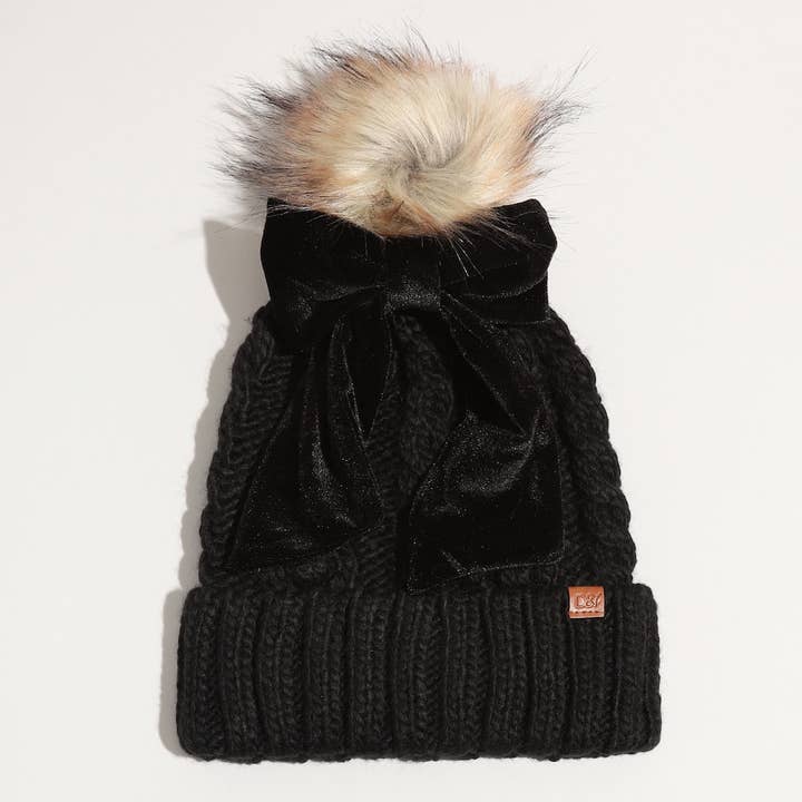 Fashion City - Wholesale Beanie - Women's - Winter Knitted Beanie Pom Pom Ribbon Bow Scrunchie
