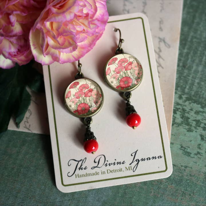 The Divine Iguana - Wholesale Dangle Earrings - Pink and Red Poppy Flower Glass Cabochon and Bronze Earrings2