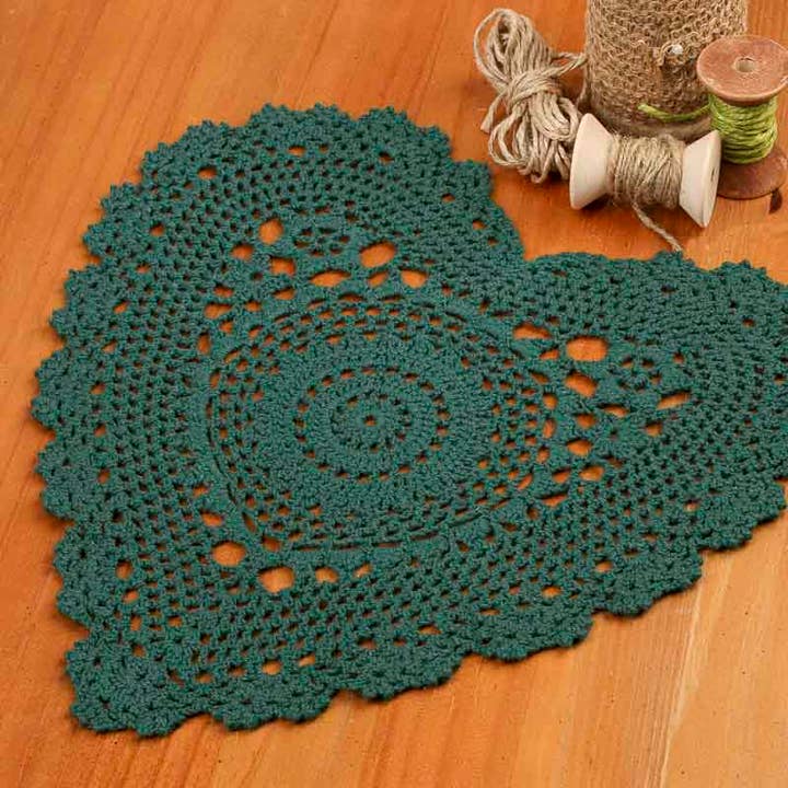 Cotton Crocheted 12" Green Heart Doily for wholesale by Factory Direct Craft