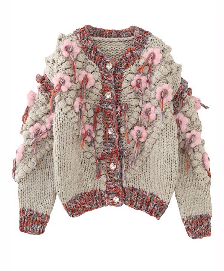 Productseeker - Wholesale Jacket - Women's - JK256 Colorblock Hand-Knitted Floral Tassel Cardigan Sweater2