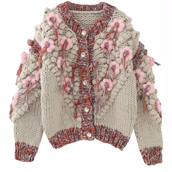 Productseeker – wholesale Jacket – Women's – JK256 Colorblock Hand-Knitted Floral Tassel Cardigan Sweater2