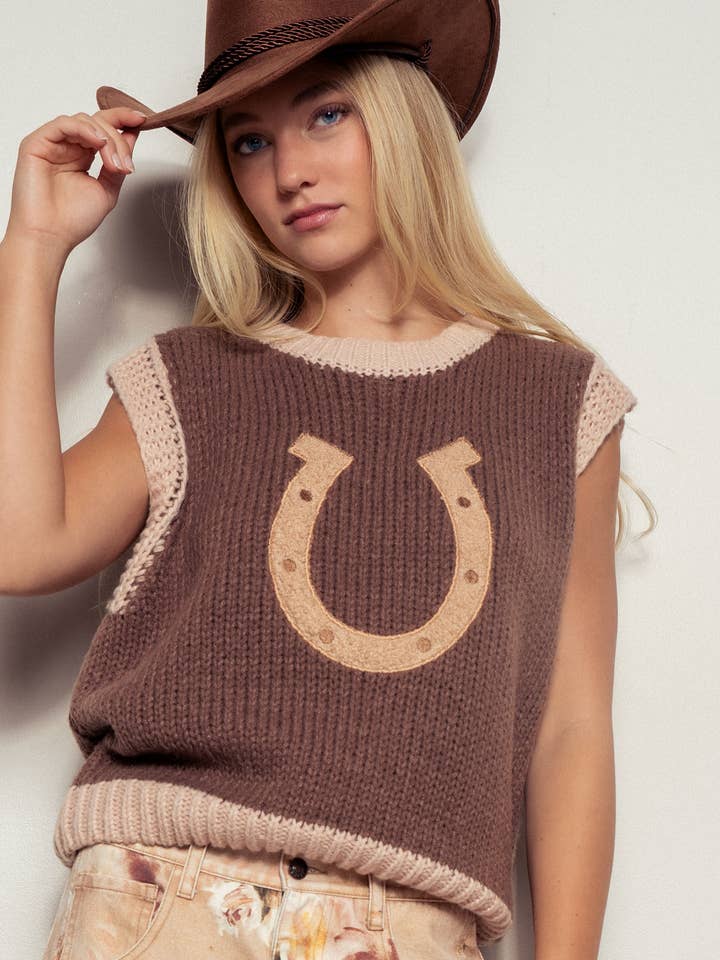 Urban Daizy - Wholesale Sweater Vest - Women's - Western Horseshoe Crochet Knit Ribbed Trim Sweater Vest11