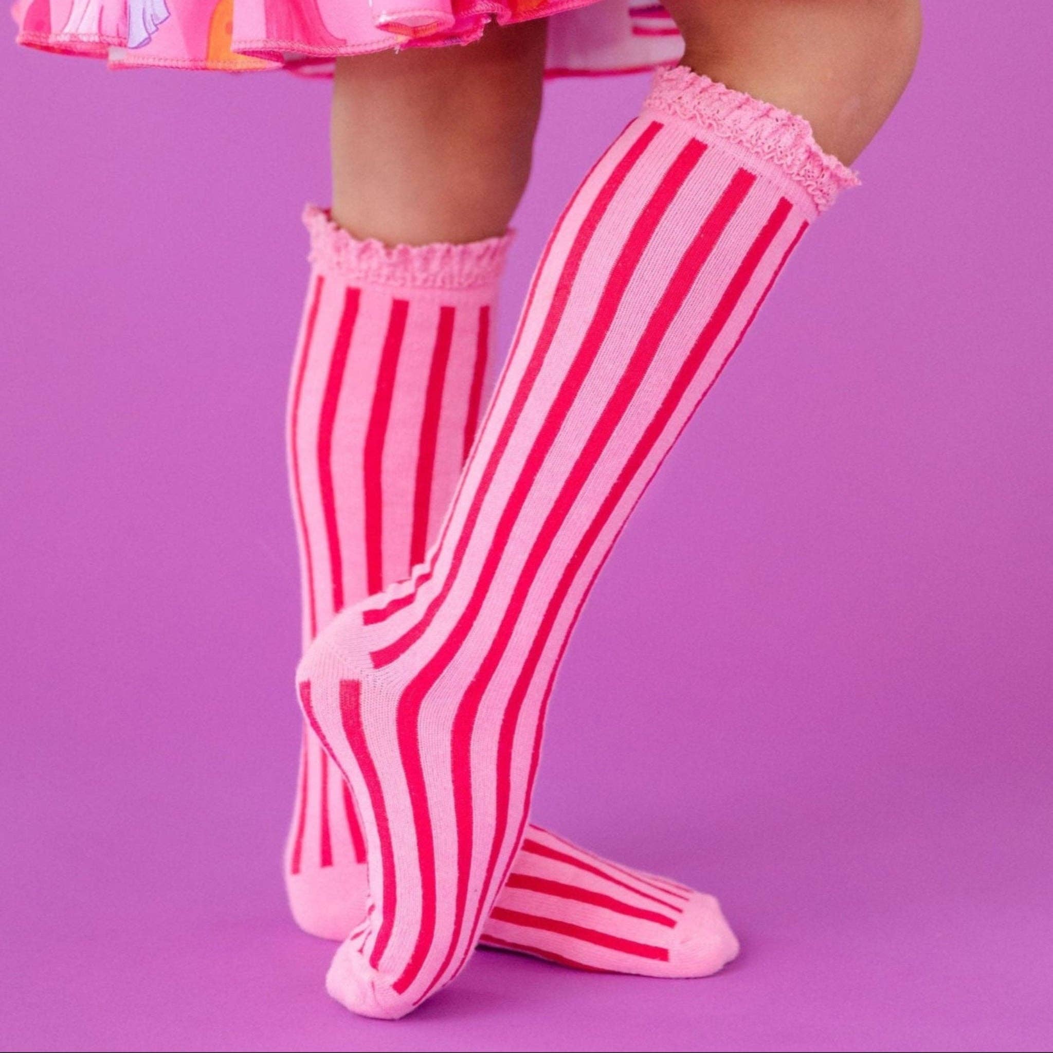 Little Stocking Co. - Wholesale Socks - Kids - Taffy Striped Lace Top Knee High Socks2