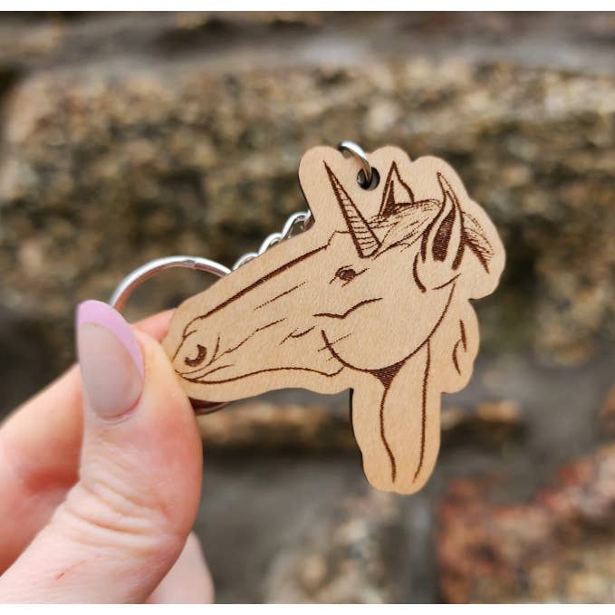 Unicorn Wood Keychain, Mythical Creatures, Unicorn Keyring for wholesale by The Dungeon Rose