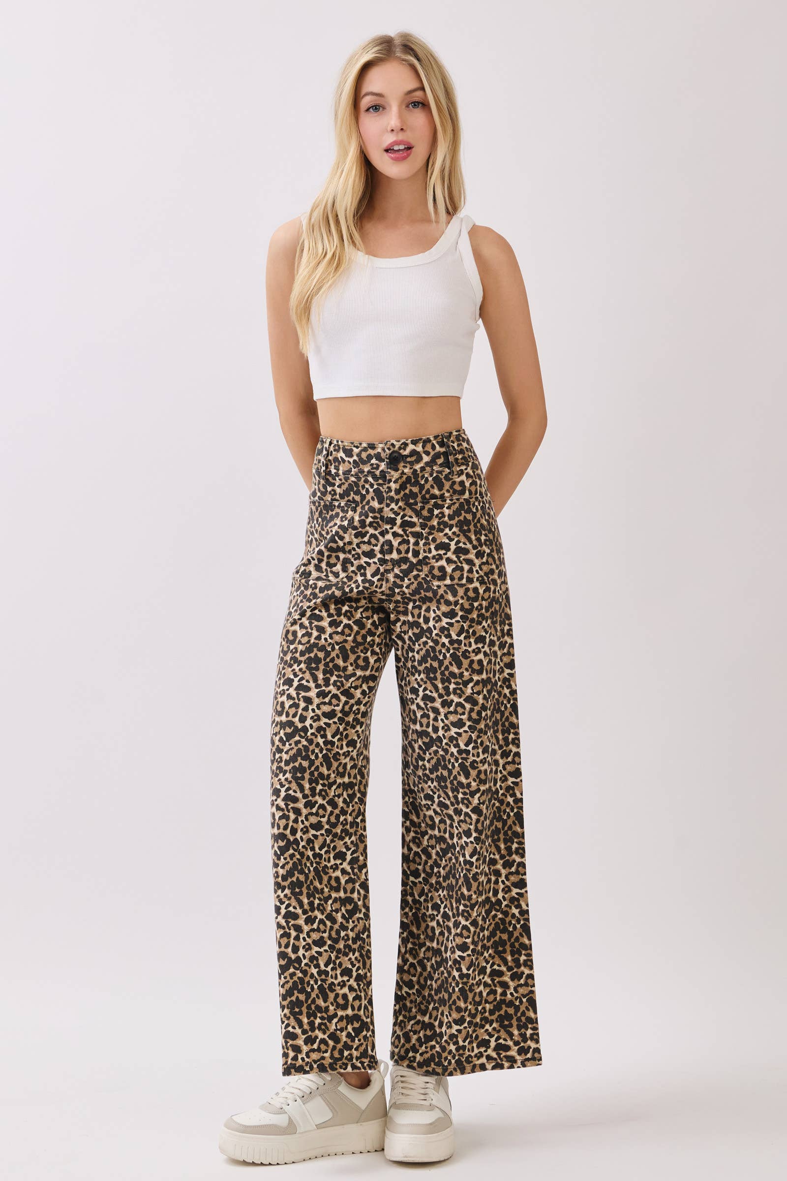 BROWN Stretch Twill Leopard Wide Leg Pants for wholesale on Faire6