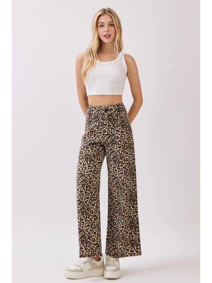 BROWN Stretch Twill Leopard Wide Leg Pants for wholesale on Faire6