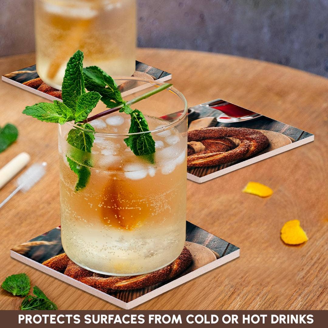 3dRose - Wholesale Coasters - 3dRose, A close up photograph of a Turkish simit bagel and fresh tea, Coaster2