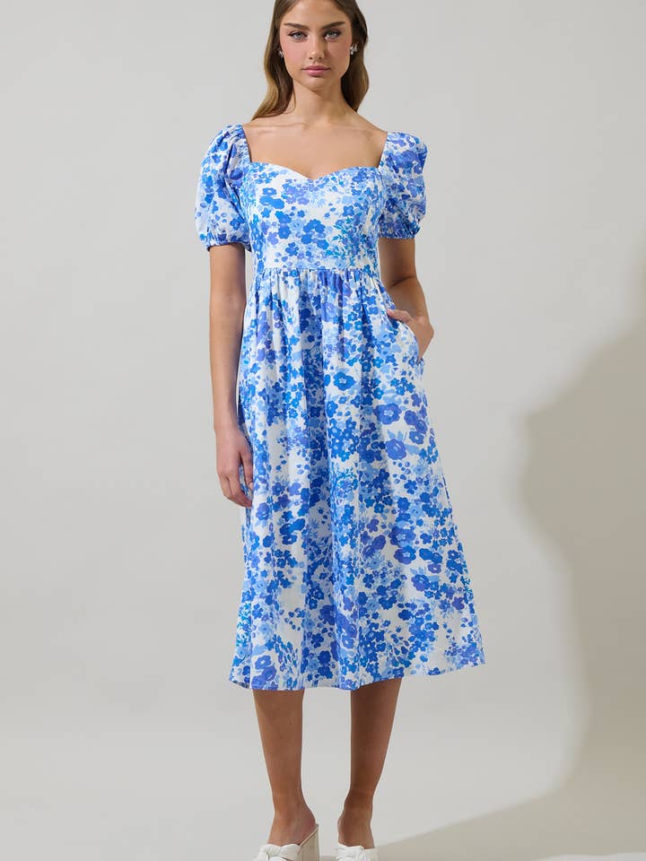 Carli Floral Alessi Puff Sleeve Midi Dress for wholesale by Sugarlips