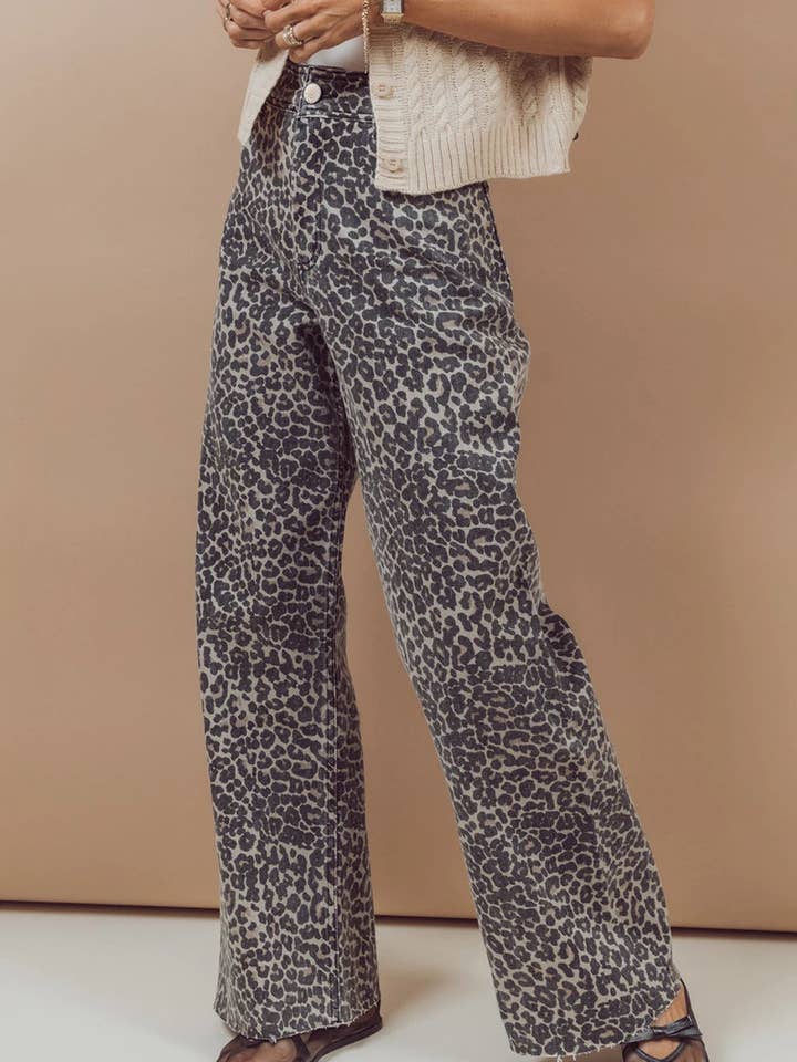 Black Leopard Print Wide Leg High Waist Jeans for wholesale on Faire2