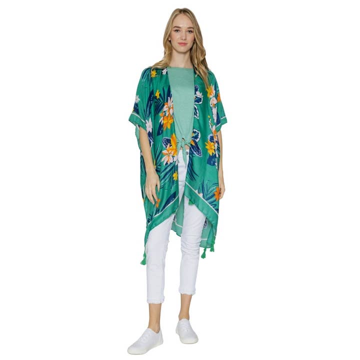 PinktownUSA - Wholesale Kimono - Women's - Green Tropical Floral Tassel Kimono