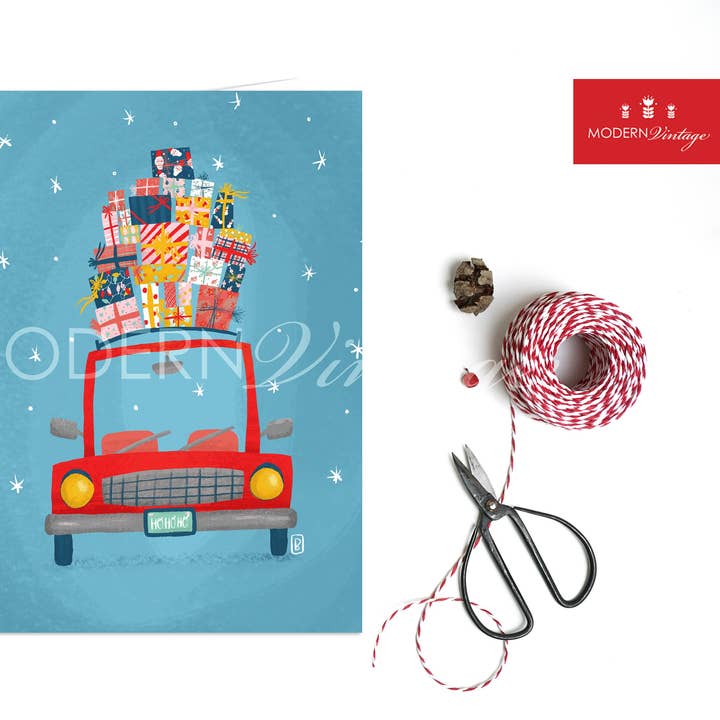 Set of 6 Retro Car Topped with Presents Holiday Card for wholesale by Modern Vintage Design Studio
