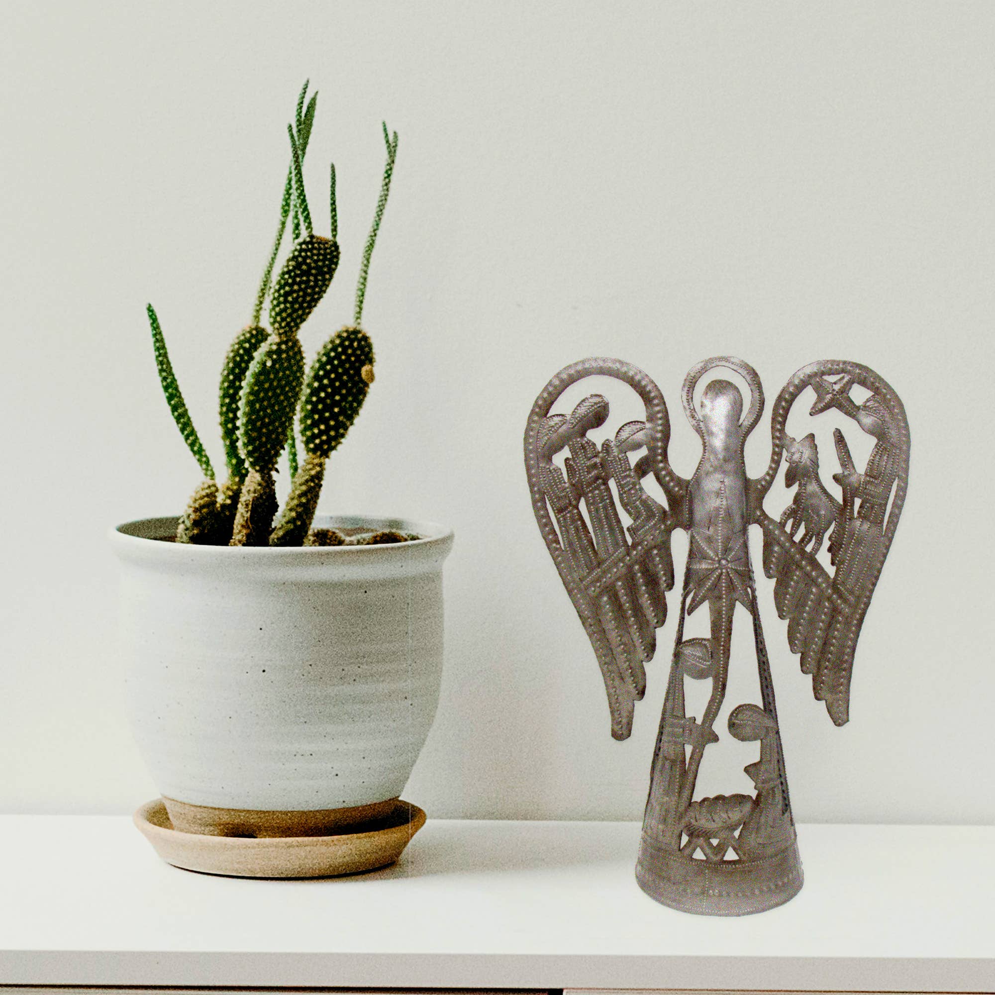 Global Crafts - Wholesale Sculpture - 12" Tall Nativity With Angel Haitian Metal Drum Sculpture4